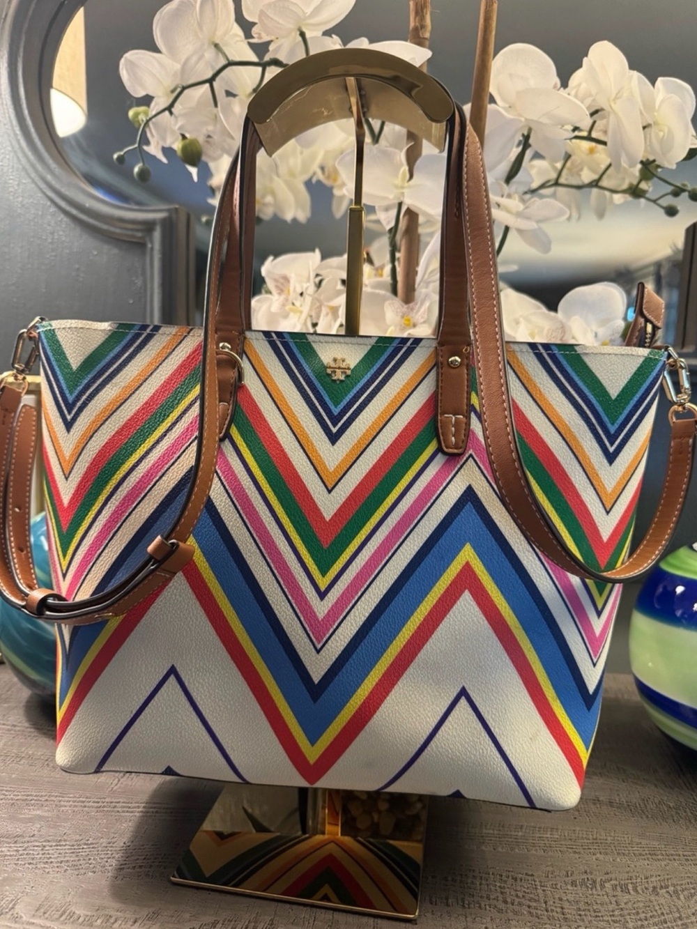 Tory Burch Multi-Stripe Chevron Canvas Tote with Brown Leather Trim EUC
